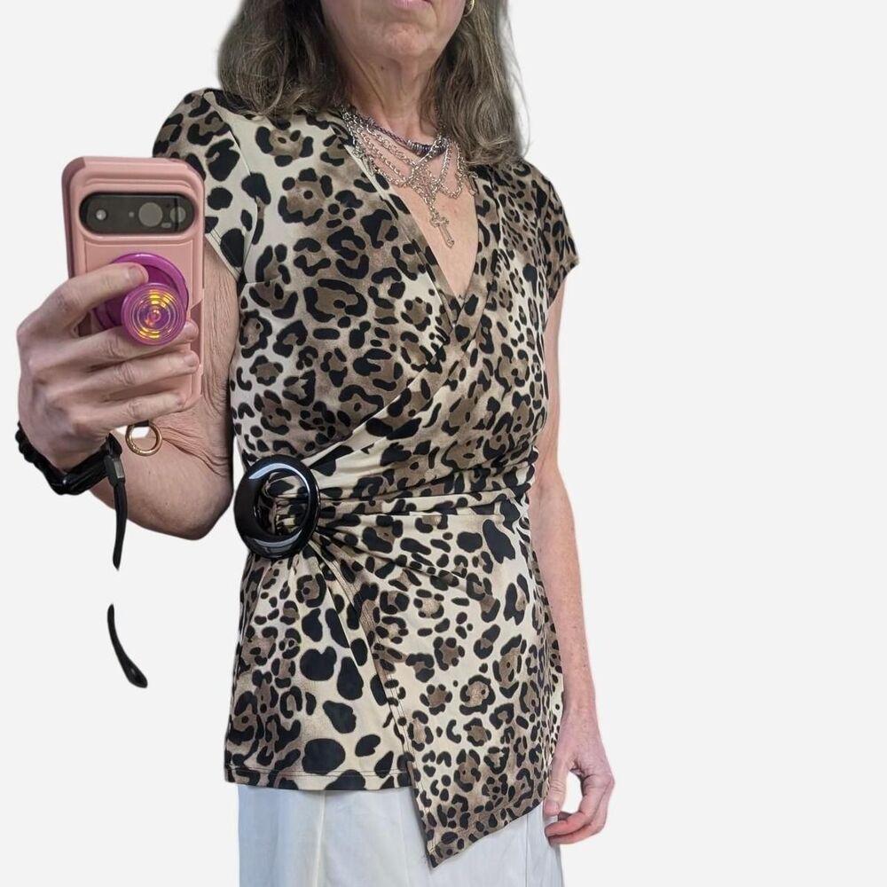 Cache Y2k Women's Leopard Print Wrap Style Top